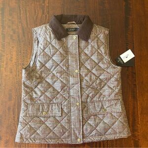 NWT Ralph Lauren Women’s Sz M Quilted Vest Brown Tan and Red Houndstooth Plaid